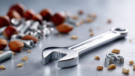 A shiny stainless steel spanner set resting on a clean metal surface with scattered nuts and bolts, ready for assembly workの素材