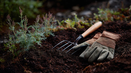 A rake and gardening gloves placed on dark, rich soil, with small, delicate plants poking through the earth in a home gardenの素材