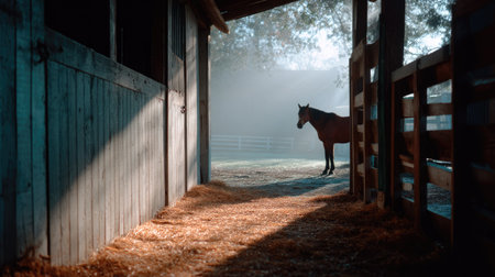 A serene morning scene of a horse in a freshly cleaned wooden stall, barn doors slightly openの素材