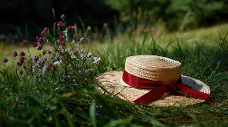 A straw hat with a red ribbon band lying in green grass with wildflowers all aroundの素材
