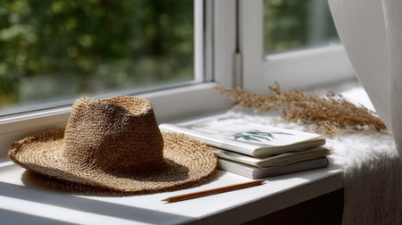 A straw hat placed beside a sketchbook and pencil on a table near a sunny windowの素材