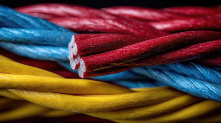 A set of vibrant electrical installation wires in various colors red, blue, yellow ready to be installed into a computer system or electrical panelの素材