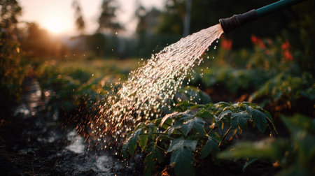 A rubber watering hose spraying water on a vegetable garden, with droplets falling onto the leaves and the sunlight casting a warm glowの素材