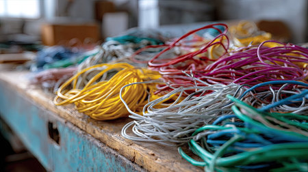 A shot of colorful electrical wires tangled and unorganized on a workbench, showing the complexity of wiring systems before installationの素材
