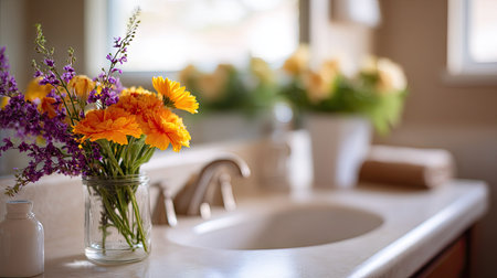 A soft-focused image of a bathroom sink with a vase of fresh flowers in the foreground, capturing the calming and peaceful essence of the roomの素材
