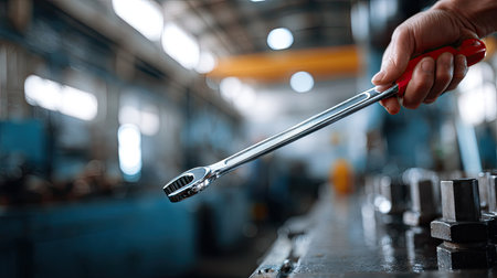 A stainless steel spanner set being used by a mechanic to tighten a bolt, with an industrial machine in the backgroundの素材