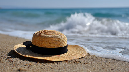 A straw hat with a black ribbon band lying in the sand at the beach, gentle waves in the backgroundの素材