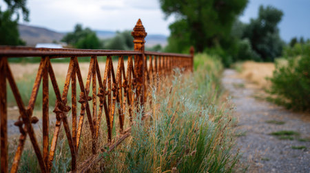 A rustic metal fence with unique patterns and visible rust, giving it a vintage look in a rural settingの素材