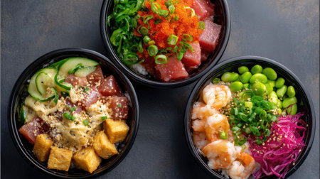 A set of three poke bowls arranged for takeout, featuring tuna, tofu, and shrimp toppings, each with unique garnishesの素材