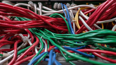 A tangle of colorful computer cables red, green, blue spread across a workbench, showing the intricacy of electrical installationsの素材