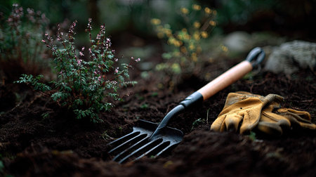 A rake and gardening gloves placed on dark, rich soil, with small, delicate plants poking through the earth in a home gardenの素材