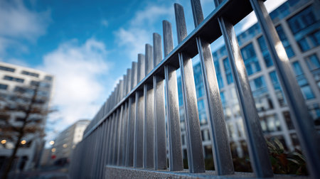 A tall metal fence with a minimalist pattern, designed for security purposes, placed around a modern buildingの素材