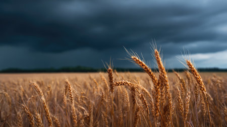 A storm approaching a golden wheat field, dramatic contrast between the calm crops and dark skyの素材