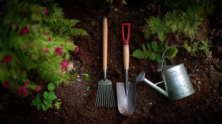 A rake, spade, and watering can lying on a rich soil texture in a garden, illustrating preparation for planting seasonの素材