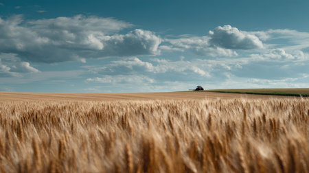 A tranquil golden wheat field with a tractor in the distance, representing agriculture and hard workの素材