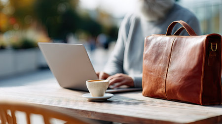 A professional businessman sitting at a cafe with a leather briefcase on the table, working on his laptopの素材