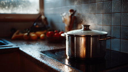 A pot at full boil on the stove, condensation forming on the nearby tiles and backsplashの素材