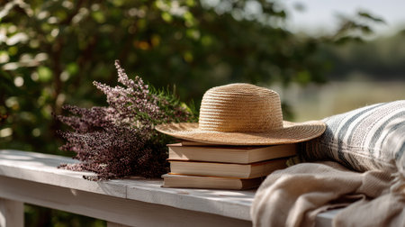 A straw hat resting on a stack of books beside a cozy outdoor reading nookの素材
