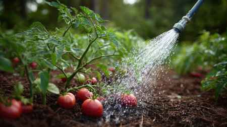 A rubber watering hose spraying water on a vegetable garden, creating small droplets on tomatoes, peppers, and other cropsの素材