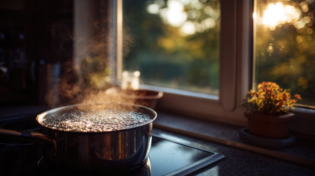 A pot of water rapidly boiling on a stovetop with the kitchen window softly lit in the backgroundの素材
