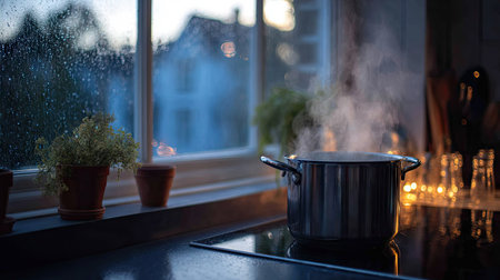 A pot of water rapidly boiling on a stovetop with the kitchen window softly lit in the backgroundの素材