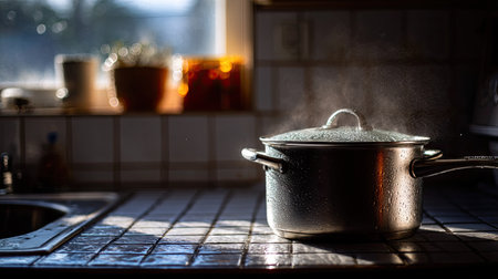 A pot at full boil on the stove, condensation forming on the nearby tiles and backsplashの素材
