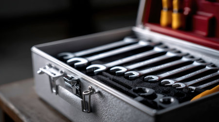 A set of stainless steel spanners organized in a toolbox, with a few tools slightly lifted for clear visibilityの素材