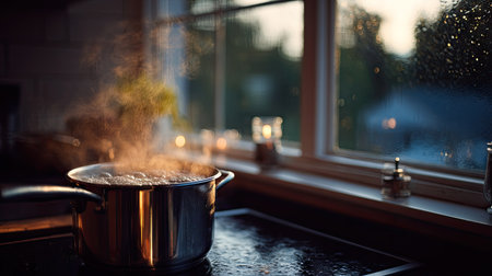 A pot of water rapidly boiling on a stovetop with the kitchen window softly lit in the backgroundの素材