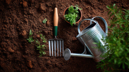 A rake, spade, and watering can lying on a rich soil texture in a garden, illustrating preparation for planting seasonの素材