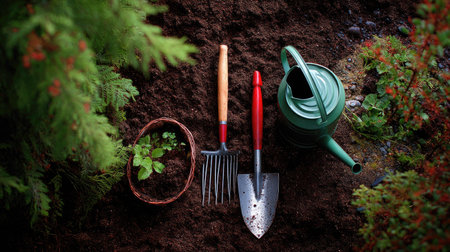 A rake, spade, and watering can lying on a rich soil texture in a garden, illustrating preparation for planting seasonの素材