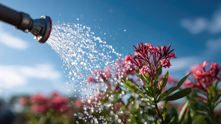 A rubber watering hose spraying water onto a blooming flower bed, with water droplets suspended in the air against a bright blue skyの素材