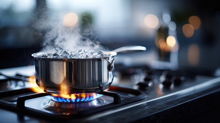 A stainless pot boiling vigorously on a modern gas burner, blue flame visible beneathの素材