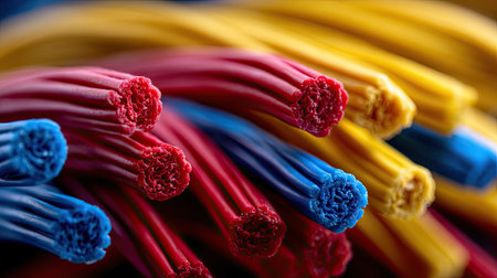 A set of vibrant electrical installation wires in various colors red, blue, yellow ready to be installed into a computer system or electrical panelの素材