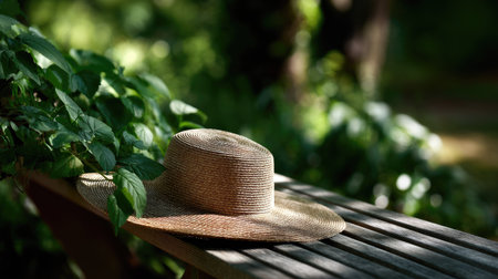 A stylish straw hat resting on a wooden bench under dappled sunlight, surrounded by soft greenery in a gardenの素材