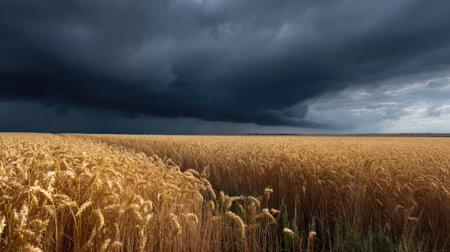 A storm approaching a golden wheat field, dramatic contrast between the calm crops and dark skyの素材