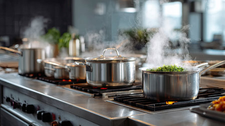 A professional kitchen setting with multiple pots boiling on an industrial stoveの素材