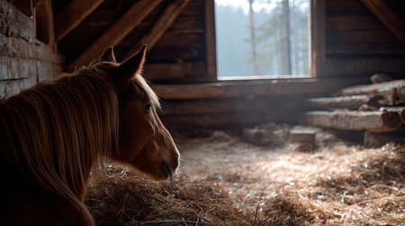 A soft and warm interior view of a barn stall, with a noble horse peacefully observing its surroundingsの素材