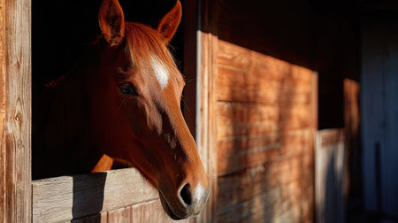 A richly detailed image of a horse behind a wooden stall door, sunlight reflecting off its smooth coatの素材