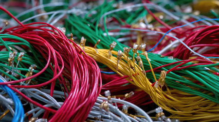 A tangle of colorful computer cables red, green, blue spread across a workbench, showing the intricacy of electrical installationsの素材