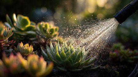 A rubber hose spraying a gentle mist over a small garden of succulents, with water droplets sparkling in the sunlightの素材
