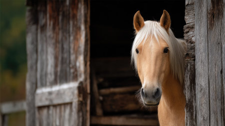 A stunning palomino horse framed perfectly in the doorway of an aged wooden stall, golden light enhancing its colorの素材