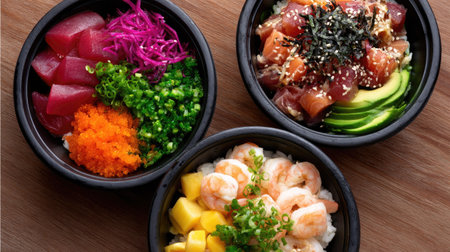A set of three poke bowls arranged for takeout, featuring tuna, tofu, and shrimp toppings, each with unique garnishesの素材