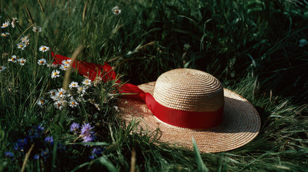 A straw hat with a red ribbon band lying in green grass with wildflowers all aroundの素材