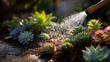 A rubber hose spraying a gentle mist over a small garden of succulents, with water droplets sparkling in the sunlightの素材