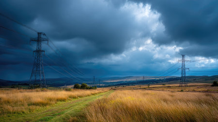 A series of high voltage electricity towers with cables spanning across the landscape, with a stormy sky looming in the distanceの素材