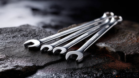 A stainless steel spanner set on a dark textured background, with reflections enhancing the polished surface of each toolの素材