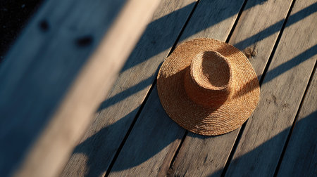 A top-down view of a straw hat casting a shadow on a wooden deck during golden hourの素材