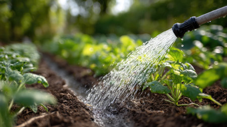 A rubber hose with water spraying over a vegetable patch, nourishing the plants under bright daylightの素材