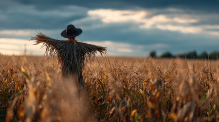 A scarecrow wearing a tattered straw hat standing in the middle of a ripe cornfieldの素材