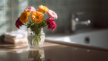 A vase of bright flowers sitting near a bathroom sink, with a soft reflection of the flowers on the sink surface, creating a peaceful and serene atmosphereの素材